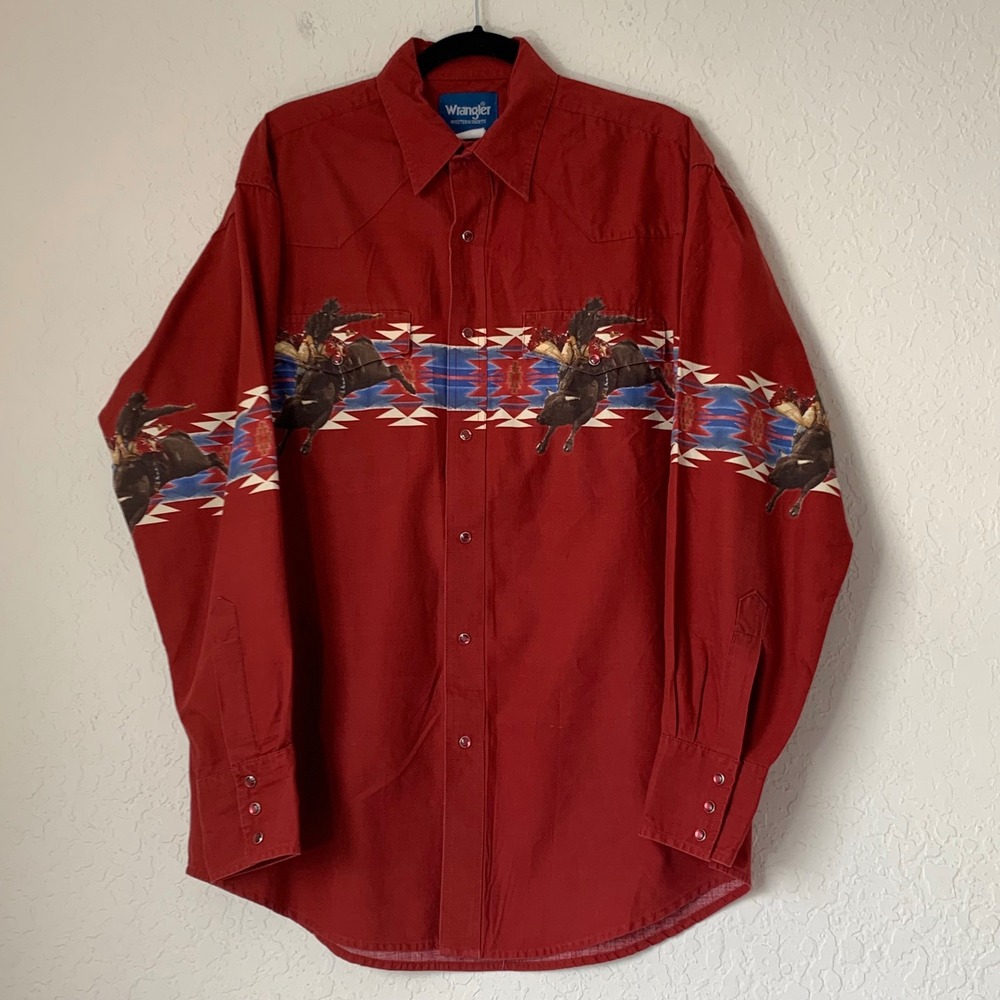 VTG Wrangler Western Shirt Men XL* Red Pearl Snap Aztec Bull Rider Rodeo Cowboy
